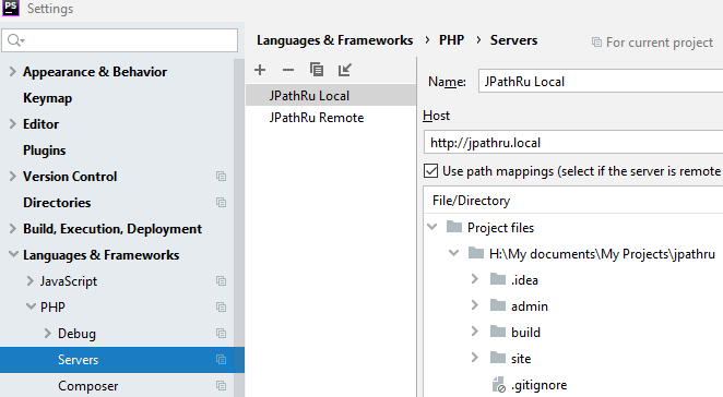 Параметры локального сервера в PhpStorm